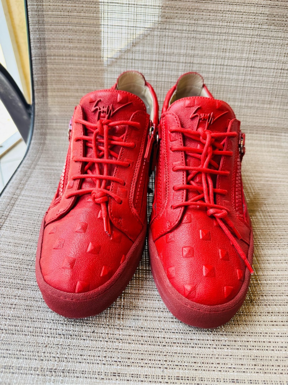 Giuseppe Zanotti Red Leather Stud-Embossed Low Top Sneakers